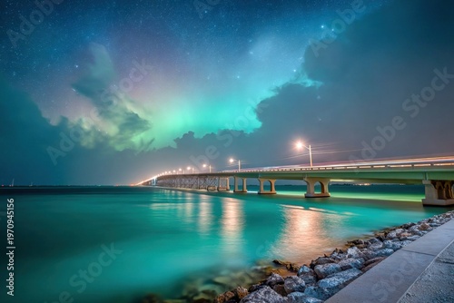 Long bridge over calm water with night light effects
