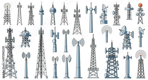 Extensive collection of various telecommunication towers, radio masts, satellite dishes, and cell phone antennas in a technical drawing style.