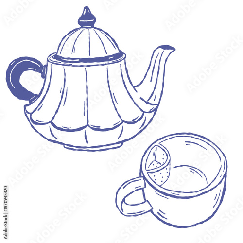 Teapot and cup composition with hot tea drink hand drawn sketch style