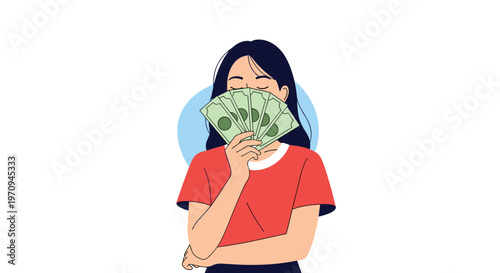 Young woman holding a fan of green cash bills in front of her face against a simple circular background for a financial concept.