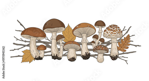 Detailed botanical illustration of various types of wild forest mushrooms growing amidst fallen autumn leaves and dry twigs on the ground.