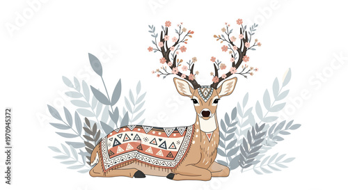 Elegant deer lying down with blooming pink flowers on its antlers and wearing a patterned ethnic blanket among soft gray leaves.