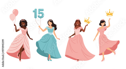 Group of four teenage girls dressed in elegant ball gowns celebrating a fifteenth birthday party with balloons and golden crowns.