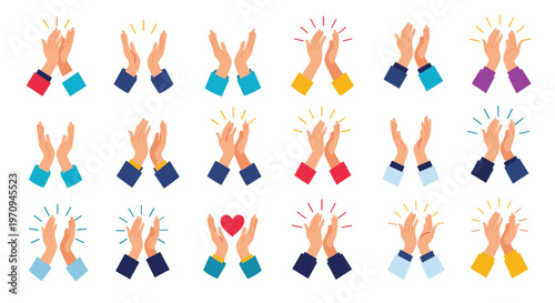 Large collection of diverse hands in various clapping and applauding positions with colorful sleeves and expressive graphic elements.