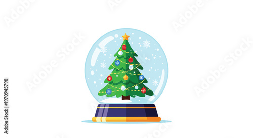 Festive glass snow globe featuring a beautifully decorated green Christmas tree with colorful ornaments and a yellow star on top.