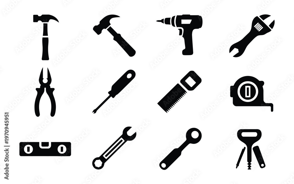 Fototapeta premium Collection of various black tool icons on white background for diy projects and construction