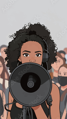 Woman speaks through megaphone to group of people during an event focused on social issues in a public space