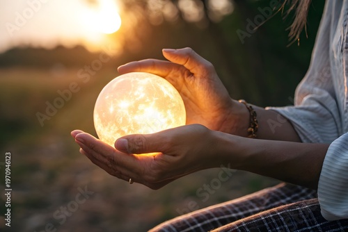 Two hands gently cradle a glowing golden sphere resembling the sun, radiating warmth and wonder against a serene outdoor backdrop of soft light and greenery