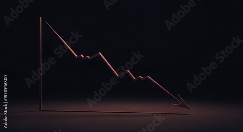 A downward trending arrow chart on a dark background symbolizing financial recession, market collapse, and economic loss in a minimalist 3D business concept.