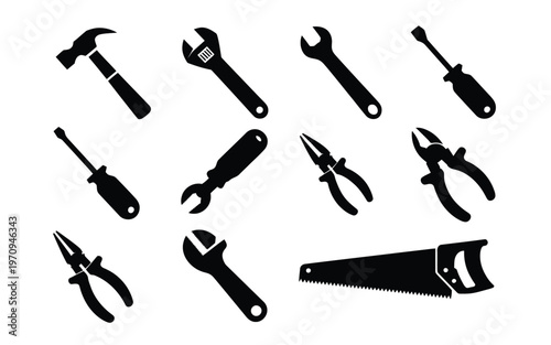 Black silhouettes of various hand tools on white background including hammer wrenches pliers screwdrivers and saw for diy projects and repairs