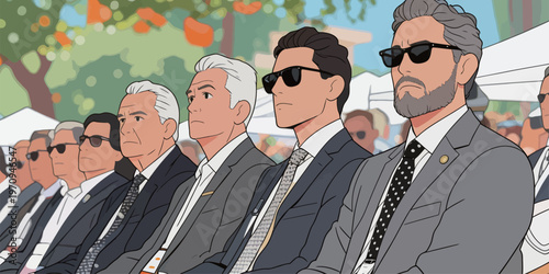 Group of men wearing sunglasses and suits sitting in a row at an outdoor event in city during daytime with trees in background