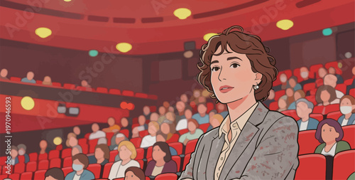 Woman sits in theater audience during performance while viewers watch the stage closely at a live event in a city