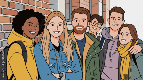 Group of friends smiling outside a brick building in a casual gathering during a sunny day