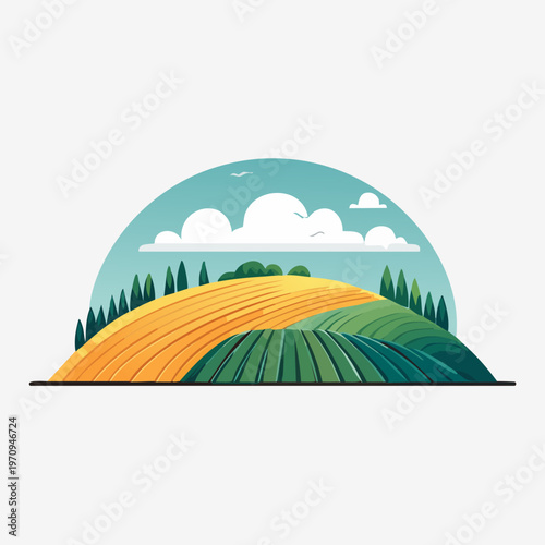 Vibrant Rolling Hills Landscape with Golden Fields and Green Pastures Under a Cloudy Sky.