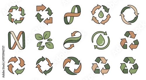 Eco-Friendly Recycling and Sustainability Icons Set. Green and Brown Arrows, Leaves, Water Drop Symbols