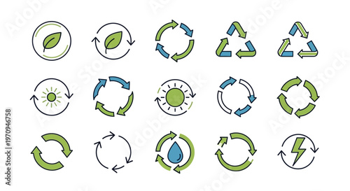 Eco-friendly Recycling and Sustainability Icons Set with Green Energy Symbols