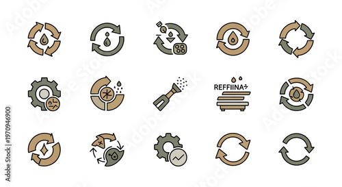 Industrial Recycling and Energy Processing Icons Set