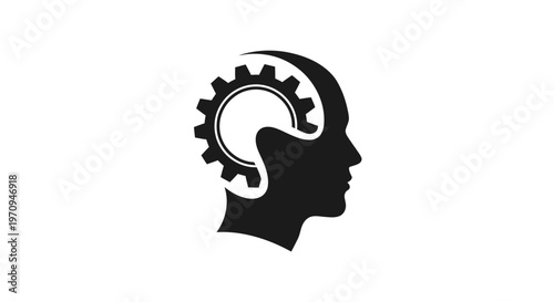 A black silhouette of a human head with a gear inside the brain.