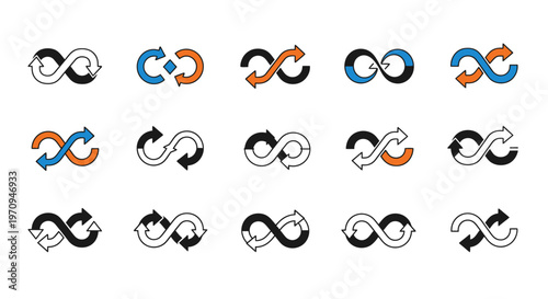 Infinity Loop Arrow Icons Set: Continuous Cycle, Endless Process, and Perpetual Motion Concepts