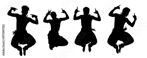 Silhouette of four dancers in a dynamic jump, showcasing traditional Indian dance movements and graceful poses against a white background