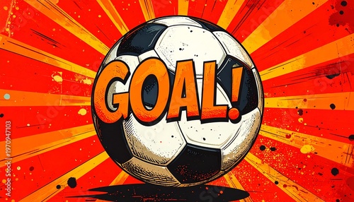 Dynamic soccer ball with 'GOAL!' text in a vibrant comic book style, set against a red and orange radial burst background, ideal for sports themes