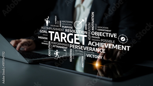 фотографія This image conveys the essence of business success, showcasing keywords like target, motivation, and perseverance, emphasizing goal achievement in a modern workspace