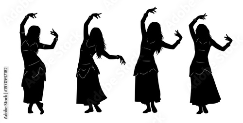 Vibrant silhouettes of women performing a stylized dance, capturing the essence of rhythm, movement, and cultural celebration in elegant forms