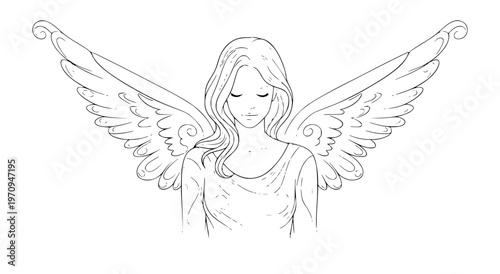 Drawing of an angel with large feathered wings, looking down with eyes closed, gentle expression, sketch illustration