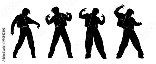 Silhouette of a dancer performing a hip-hop move with dynamic poses captured against a clean white background, showcasing urban dance style