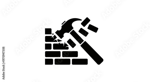 Black icon of a hammer breaking bricks.
