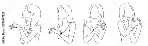 Minimalist Line Art Illustrations of Women Engaging in Self-Care and Body Awareness Gestures, Emphasizing Tranquility and Gentle Touch for Wellness and Beauty Concepts