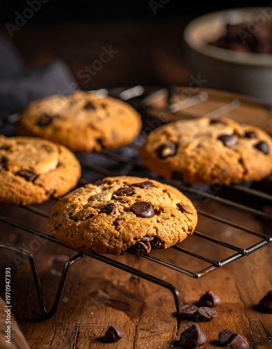 Freshly Baked Chocolate Chip Cookies Cooling on a Rack.