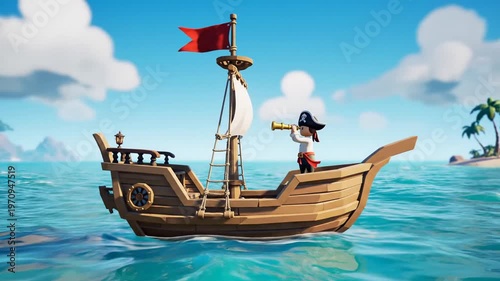3D Cartoon Pirate on Wooden Ship Looking Through Spyglass