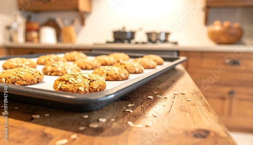 Freshly Baked Oatmeal Cookies Cooling on a Baking Sheet.