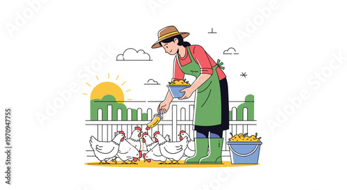 Female farmer in a straw hat and green apron feeding a flock of white chickens in a fenced yard during a beautiful warm sunset.