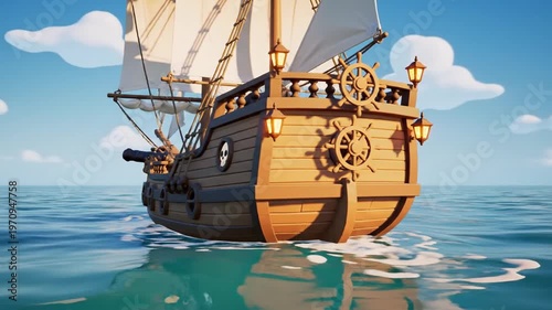 Stylized 3D Pirate Ship Sailing on Calm Blue Ocean