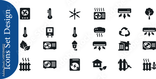 Vector icon set for HVAC systems, climate control, and home energy solutions, featuring elements like fans, thermostats, air conditioners, and radiators