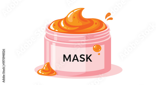 Pink jar of orange-colored cosmetic facial mask cream with a thick dollop next to it against a soft pink background.