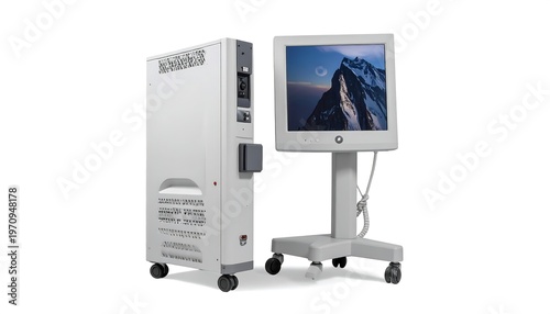 A medical device on wheels has a screen showing a mountain landscape. A tower component is alongside