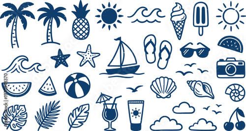 Collection of hand-drawn summer vacation icons and symbols in navy blue