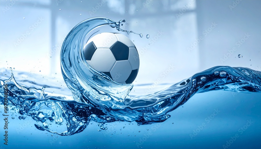 Naklejka premium Dynamic Soccer Ball and Water Splash: Captivating Sports Action with Vibrant Blue Hues and Energetic Movement, Perfect for Brochures, Websites, and Promotional Materials