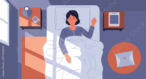 Overhead view of a woman sleeping peacefully in her bed with soft sunlight streaming through the bedroom window onto the blanket.