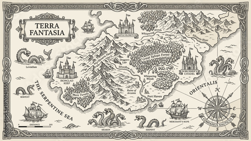 Fantasy map of Terra Fantasia with castles, forests, mountains, and sea monsters