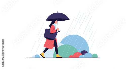 Stylish woman walking through a rainy day while carrying a large tote bag and holding a protective dark umbrella.