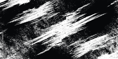 Black and White Grunge Halftone Abstract Background with Dynamic Brush Strokes
