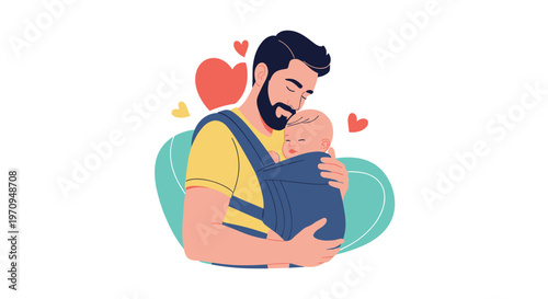 Loving father smiling warmly while carrying his small baby in a comfortable front carrier surrounded by red heart symbols.