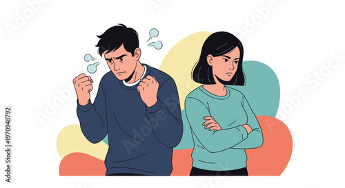 Frustrated man and woman standing back to back while having a heated argument or relationship conflict in a colorful setting.