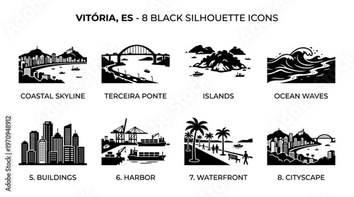 Vitória Landmarks and Coastal Skyline Silhouette Vector Icon Set – Elegant Vectors Featuring Terceira Ponte, Islands, Ocean Waves, Harbor, and Waterfront Cityscape in Minimalist Black Profiles