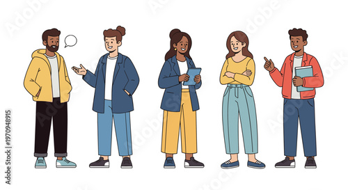 Group of diverse young professional men and women standing together in a row and engaging in a friendly conversation.