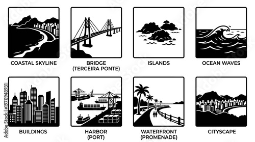 Vitória Landmarks and Coastal Skyline Silhouette Vector Icon Set – Elegant Vectors Featuring Terceira Ponte, Islands, Ocean Waves, Harbor, and Waterfront Cityscape in Minimalist Black Profiles